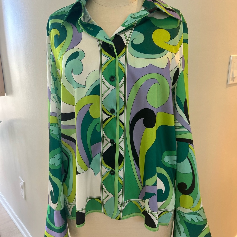ZARA Green Multi-Print Tie-Front Button Shirt NWT looks like Pucci - Picture 4 of 6